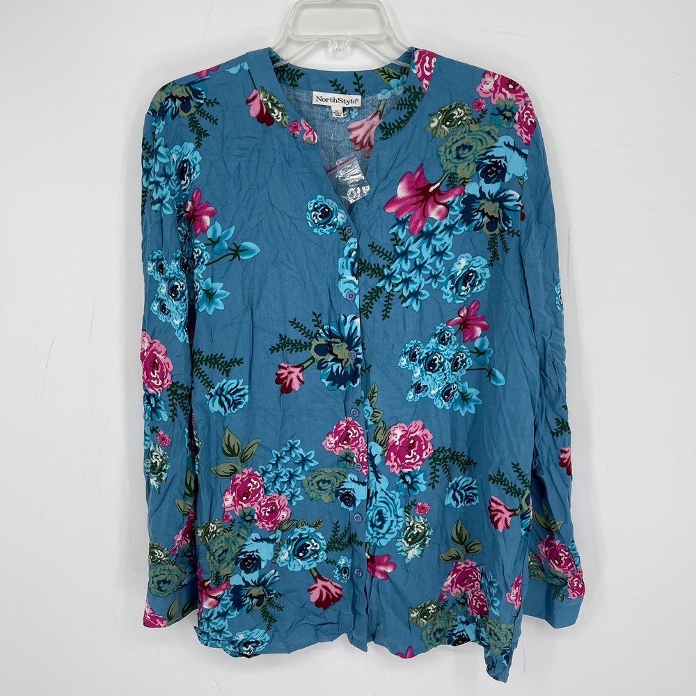 NorthStyle Women's Blue Floral Long Sleeve Button Front Boho Top Blouse Size XL